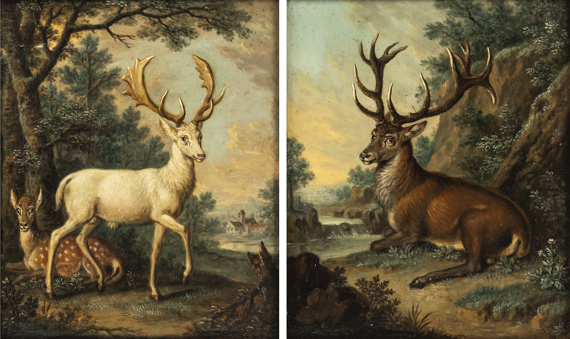 White deer striding. A brown deer resting. A pair. Oil/cardboard.
