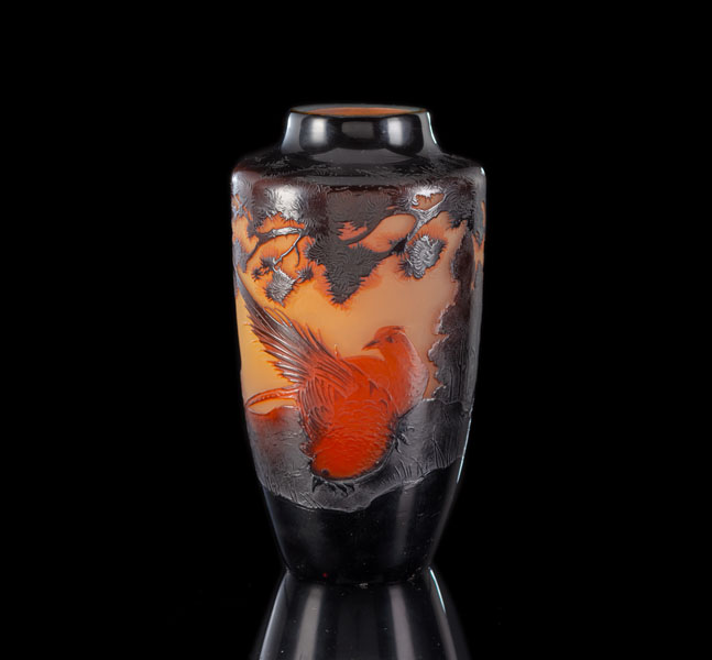 <b>A PAUL NICOLAS CAMEO GLASS LANSCAPE VASE WITH A PAIR OF PHEASANTS</b>
