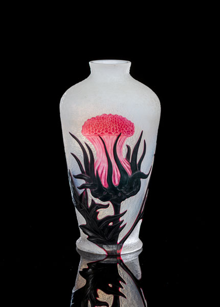 White opalized glass, ice-etched, with pink and dark violet overlay and acid-etched thistle pattern. Echted signature to bottom 