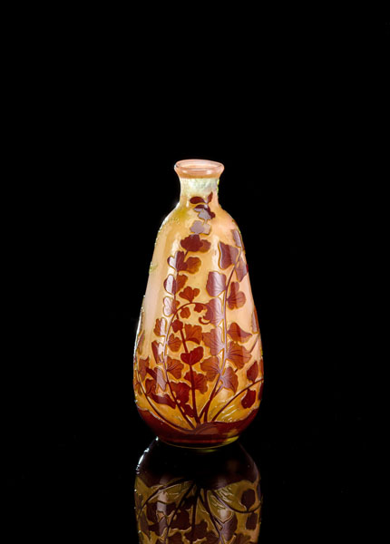 Colourless glass with rosé underlay and light green and brownish overlay, acid-etched venus fern pattern, signed on back 