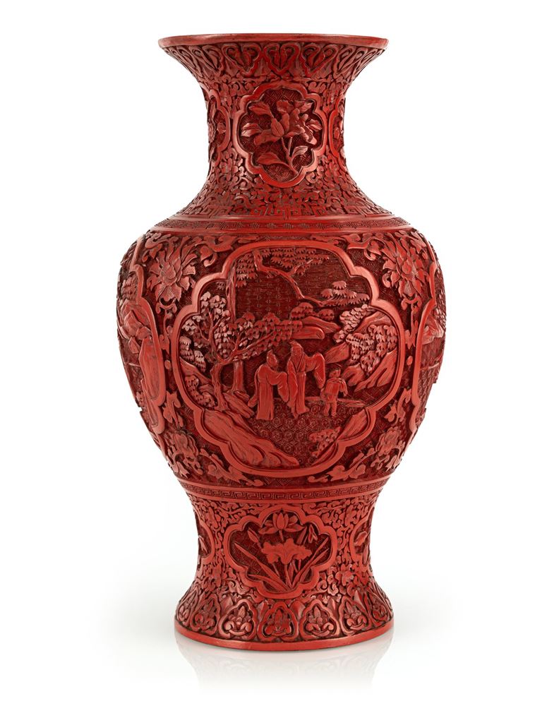 <b>A RED-LACQUER VASE WITH CARVED LITERATI SCENES</b>