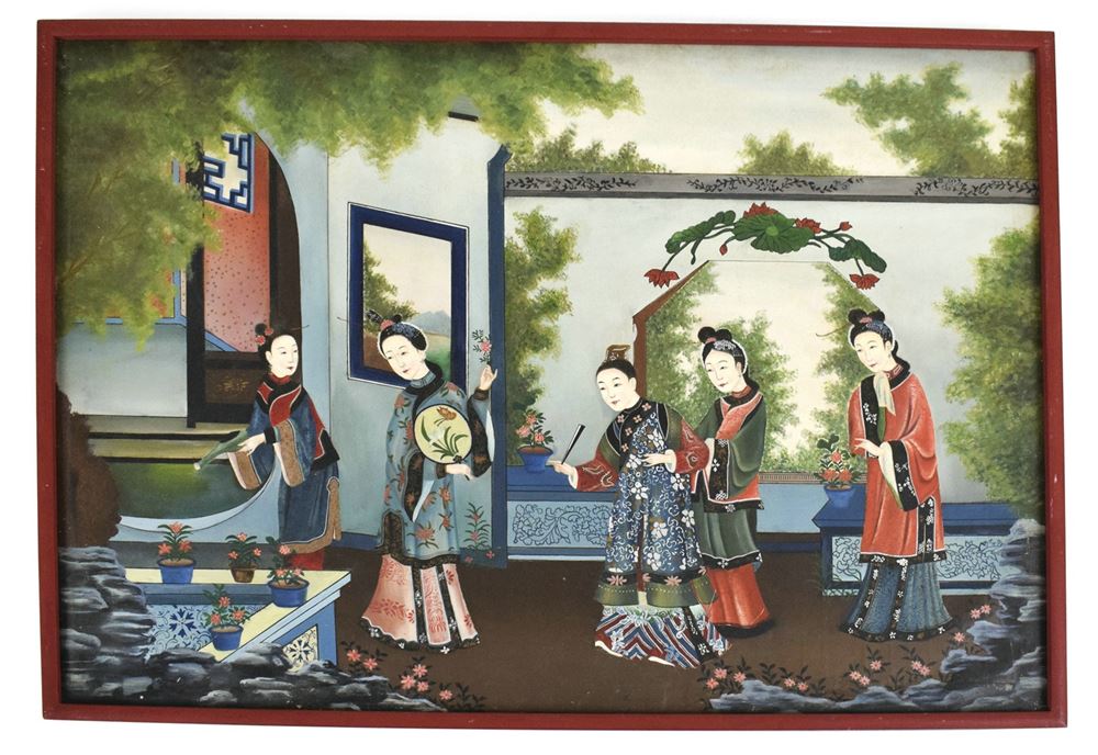 <b>A FRAMED PAINTING OF LADIES IN THE GARDEN</b>