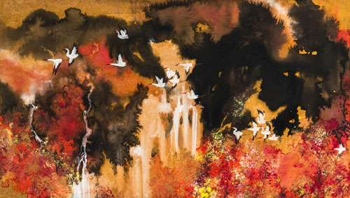 <b>PAINTING ON PAPER DEPICTING FLYING CRANES OVER A RED AUTUMN FOREST AND WATERFALLS, FRAMED UNDER GLASS</b>