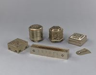 <b>FIVE PARTIALLY INSCRIBED PAKTONG INCENSE CASES AND ONE UTENSIL</b>