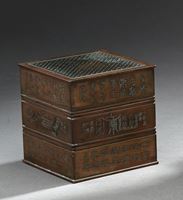 <b>THREE-TRAY SQUARE BRONZE INCENSE BURNER WITH ENGRAVED DECORATION OF SEAL SCRIPTS, RITUAL BRONZES AND STELE INSCRIPTIONS</b>