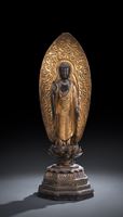 <b>A LACQUERED AND PART-GILT WOOD FIGURE OF AMIDA STANDING ON A THRONE</b>