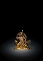 <b>Feine feuervergoldete Bronze des Vaishravana auf einem Löwen über einem Lotus</b>