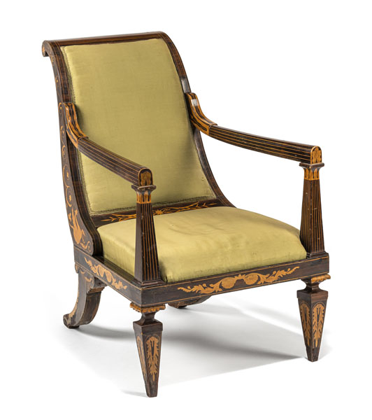 Banded overal and inlaid with Arabesques and floral pattern, the curved back and seat covered in green material, flanked by rectangular armrests, on column supports and square tapering legs. Minor restorations and traces of age.