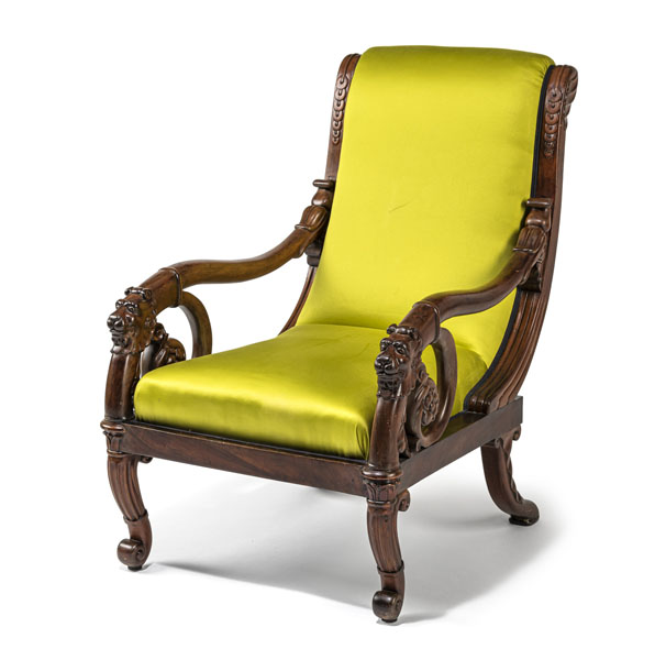 <b>The shaped padded back and seat covered in green fabric, flanked by floral shaped armrests, ending in carved lions masks, on curved and scrolled feet. Minute damages due to age, minor restorations.</b>