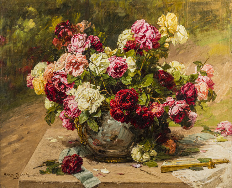 Blumenstilleben in einem Cachepot mit blühenden Rosen, Öl/Lwd., unten links signiert und datiert 1910.