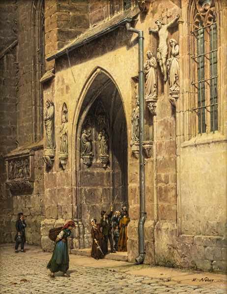 Seitenportal der Sebalduskirche in Nürnberg, Öl/Holz, unte rechts signiert, rückseitig bezeichnet und datiert 1868.