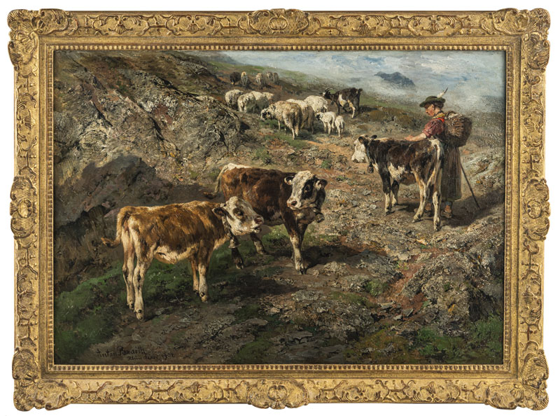 Cattle drive up to alpine pastures. Oil/canvas, signed, inscribed and dated 1902 lower left.