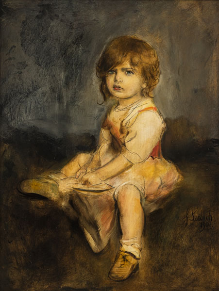 Portrait of the artist's daughter Gabriele with a book. Oil/cardboard, signed and dated 1901 lower right, verso estate stamp with numbering 28 and confirmation by Lolo von Lenbach, Munich 1937.