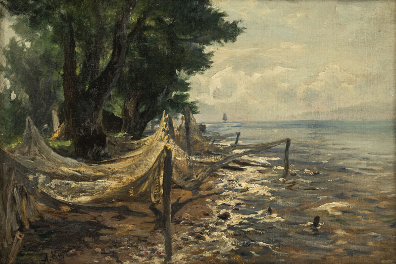 Fishnets under trees (Lake Constance). Oil/canvas/cardboard, signed, verso estate stamp..