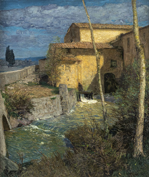 A mill at Arno River. Oil/canvas, relined, signed and dated 1909 lower right, verso on the stretcher artist's label and estate stamp.