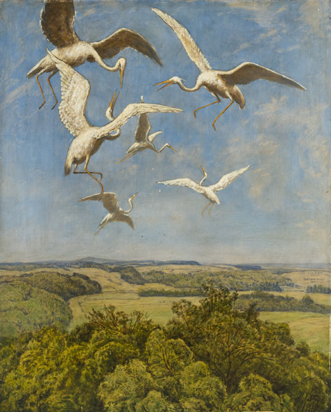 Storks flying over a forest in an extensive landscape. Oil/cardboard, signed and dated 1910.