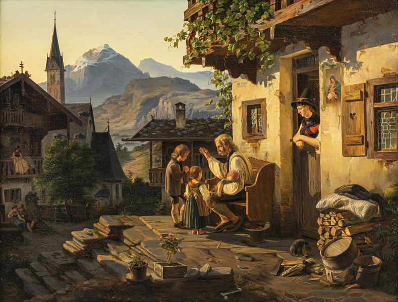 Evening in Tyrol. A peasant teaching children how to pray, in the house entrance a young woman wearing a Tyrolese costume. Oil/canvas, signed, inscribed and dated Düsseldorf 1835 lower right.