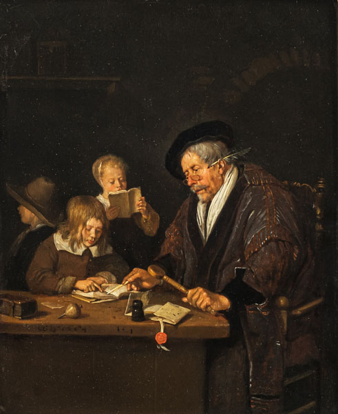 Der Schulmeister mit drei Schülern. Öl/Holz, auf der Tischplatte monogrammiert und datiert 1664.