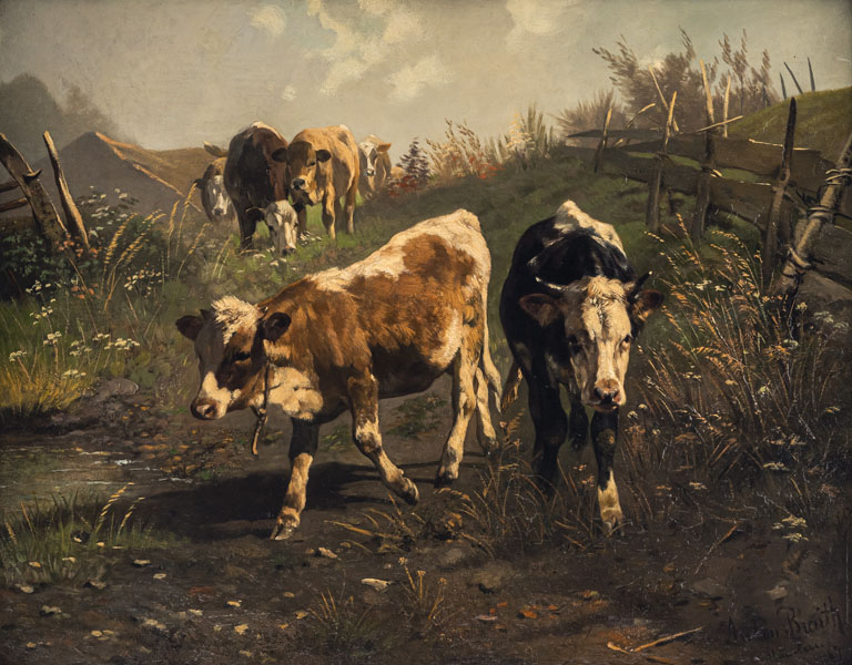 Young cattle on a pasture. Oil/canvas, signed, inscribed and dated München 1887.