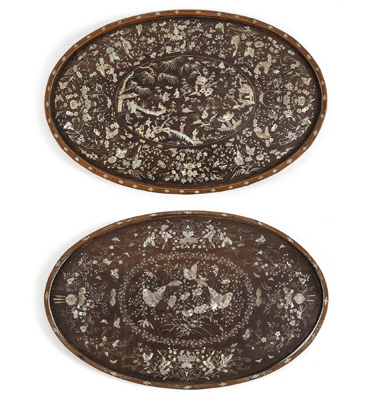 <b>TWO OVAL MOTHER-OF-PEARL-INLAID BUTTERFLY TRAYS</b>