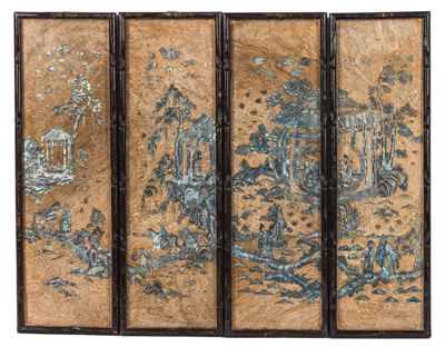 <b>FOUR FRAMED SOAPSTONE PANELS INLAID WITH MOTHER-OF-PEARL GARDEN LANDSCAPE AND FIGURE DECORATION</b>