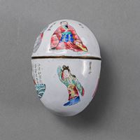 <b>AN UNUSUAL EGG-FORMED CANTON ENAMEL BOX AND COVER WITH INSCRIBED FIGURAL SCENES</b>