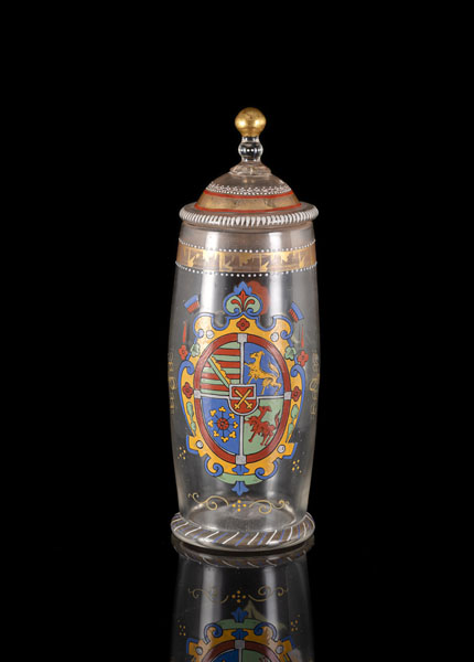 <b>AN ENAMEL PAINTED GLASS CUP AND COVER WITH THE SAXON COAT OF ARMS</b>