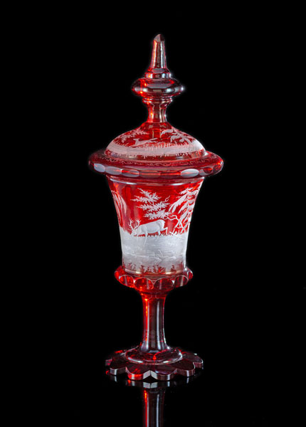 <b>A BOHEMIAN RED STAINED AND CUT GLASS CUP AND COVER</b>