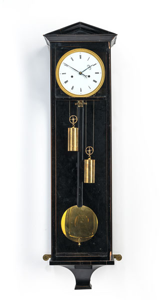 Ebonized wood case with glass windows on three sides, white enamel dial, Roman numerals, fine blued steel hands and ormolu dial bezel. Weight driven lever movement,  with weight winding, striking on coil gong and 8-day running. Rest., additions, damages due to age, runnding not checked.