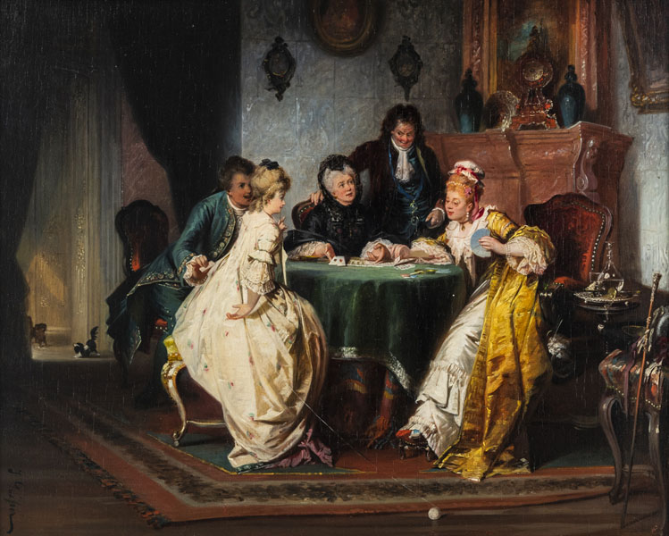 A card playing company in a parlour. Oil/canvas, relined, signed laterally left.