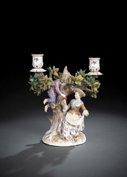 <b>A MEISSEN FIGURAL AND TREE SHAPED TWO LIGHT CANDLESTICK</b>