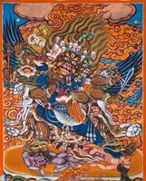 <b>A SMALL THANGKA OF HAYAGRIVA LAMINATED ON CARDBOARD, A LONG RED INSCRIPTION ON THE BACK</b>