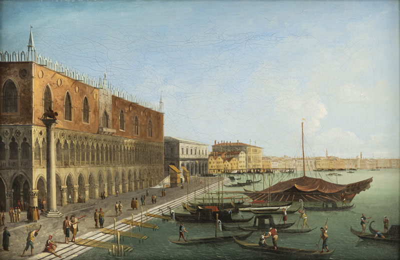 Der Dogenpalast mit der Riva degli Schiavoni in Venedig. Öl/Lwd./Karton.