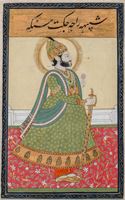 <b>A GROUP OF FOUR MINIATURE PAINTINGS, A. O. MOGHAL EMPEROR AND GARDEN SCENES FRAMED UNDER GLASS</b>