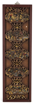 <b>FOUR WOOD RELIEF CARVINGS AND A MIRROR</b>