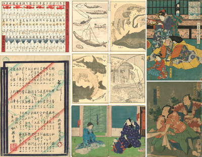 <b>A GROUP OF FIFTEN WOODBLOCK PRINTS AND BOOK PAGES, E.G. HIROSHIGE</b>