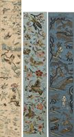 <b>THREE SILK SLEEVE BANDS, EMBROIDERED IN COLORS WITH LANDSCAPE, BUTTERFLIES AND BIRDS PATTERN</b>