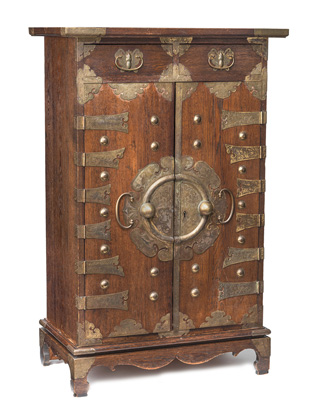 <b>A TWO-DOOR BRASS FITTED WOOD CABINET</b>