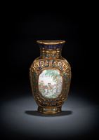 <b>A FINE AND VERY RARE GILT-BRONZE CHAMPLEVÉ AND CANTON ENAMEL WALL VASE</b>