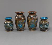 <b>TWO PAIRS OF CLOISONNÉ CRANE AND GEOMETRIC PATTERN VASES</b>