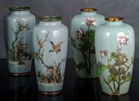 <b>A PAIR OF PEONY VASES BY GONDA HIROSUKE AND A PAIR OF CLOISONNÉ ENAMEL VASES WITH GEESE AND FLOWERING BRANCHES</b>