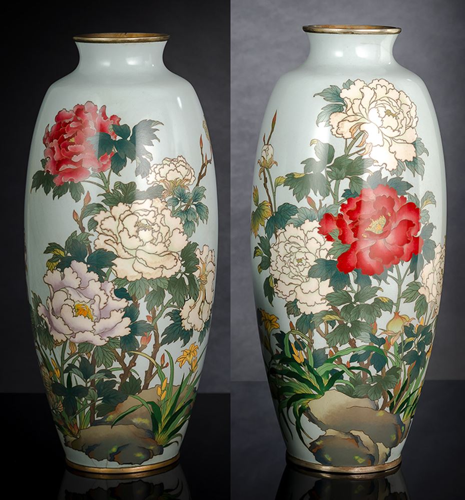 <b>A LARGE PAIR OF LIGHT-BLUE GROUND PEONY CLOISONNÉ ENEMAL VASES WITH SILVERED RIMS</b>