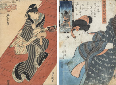 <b>Zwei Farbholzschnitte mit Darstellungen von Bijin, u. a. Toyokuni</b>