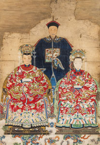 <b>ANCESTOR PORTRAIT OF A SCHOLAR OFFICIAL FLANKED BY TWO WOMEN. INK, COLOURS AND GOLD ON PAPER, MOUNTED AS A HANGING SCROLL</b>