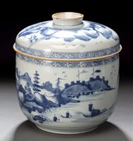 <b>A BLUE AND WHITE PORCELAIN TUREEN AND COVER WITH A SEA LANDSCAPE AND BOATS</b>