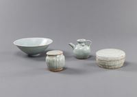 <b>TWO LIDDED QINGBAI BOXES, A BOWL, AND A SMALL EWER</b>
