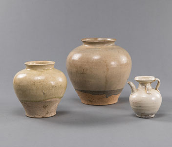 <b>TWO WHITE-GLAZED VASES AND A SMALL EWER</b>