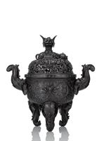 <b>A LARGE CHINESE BRONZE ELEPHANT CENSER AND COVER OF TRIPOD FORM CAST WITH ELEPHANT HANDLES AND FEET</b>