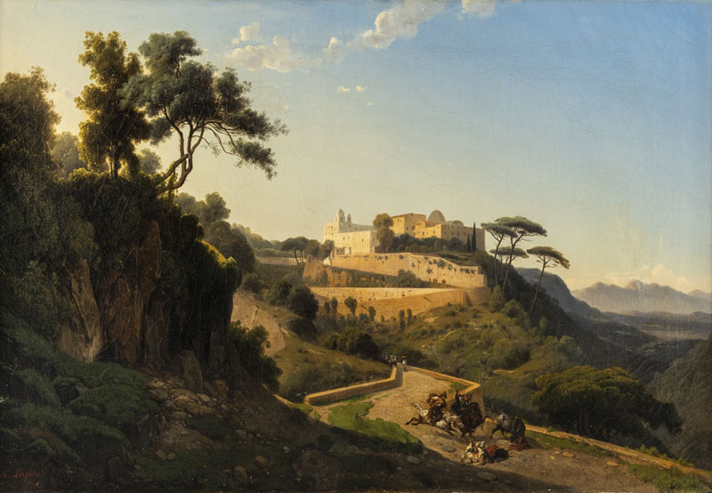 Italienische Landschaft mit Blick auf ein Kloster. Öl/Lwd., doubl., unten links signiert.