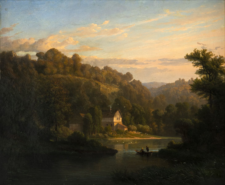 Flusslandschaft mit Hof in der späten Mittagssonne. Öl/Lwd., doubl., unten rechts monogrammiert und datiert 1848.